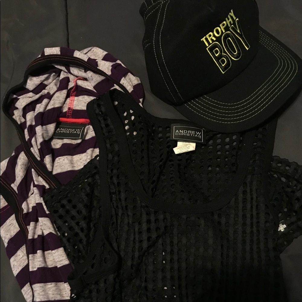 Andrew Christian shirts and trophy boy hat